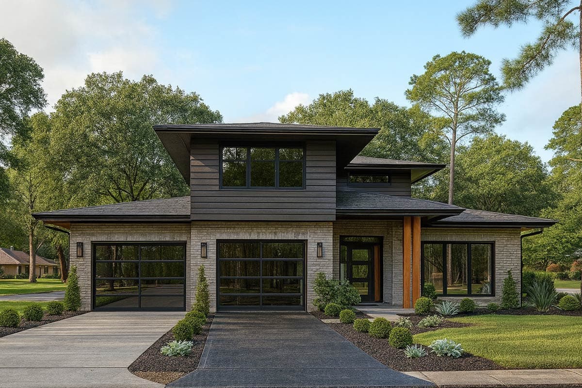 House plan exterior. Modern style, two-story home. Features include a flat roof, prominent upper section, and a two-car garage with glass doors.