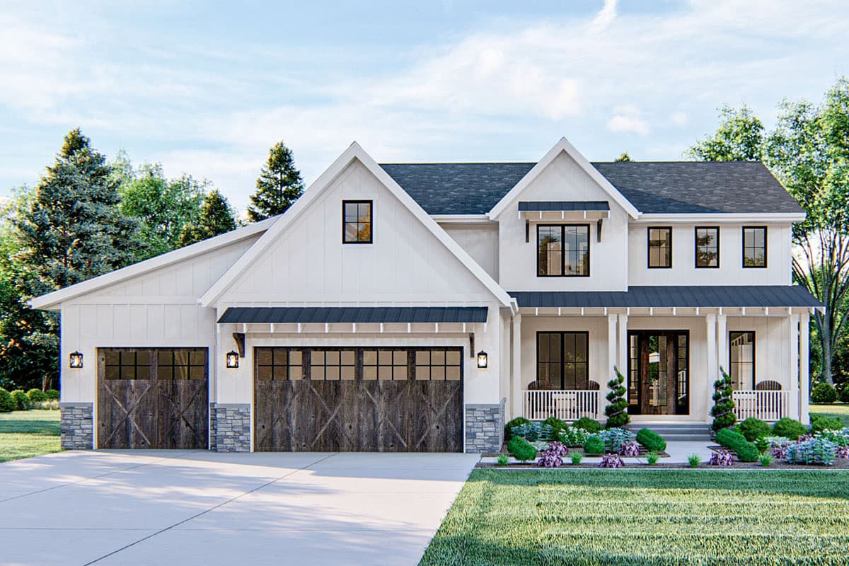 House plan exterior. Two-story Modern Farmhouse with gabled roof, covered porch, and attached garage with rustic wood doors.