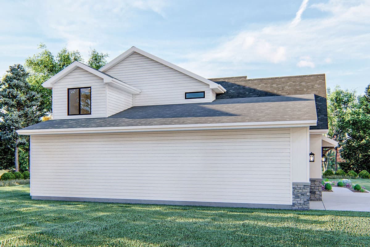 House plan exterior: two-story Modern Farmhouse with gabled dormer, wide horizontal siding, and stone accent base.