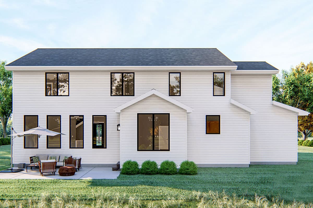 House plan exterior of a two-story Modern Farmhouse with white siding, multiple gables, and a rear patio.