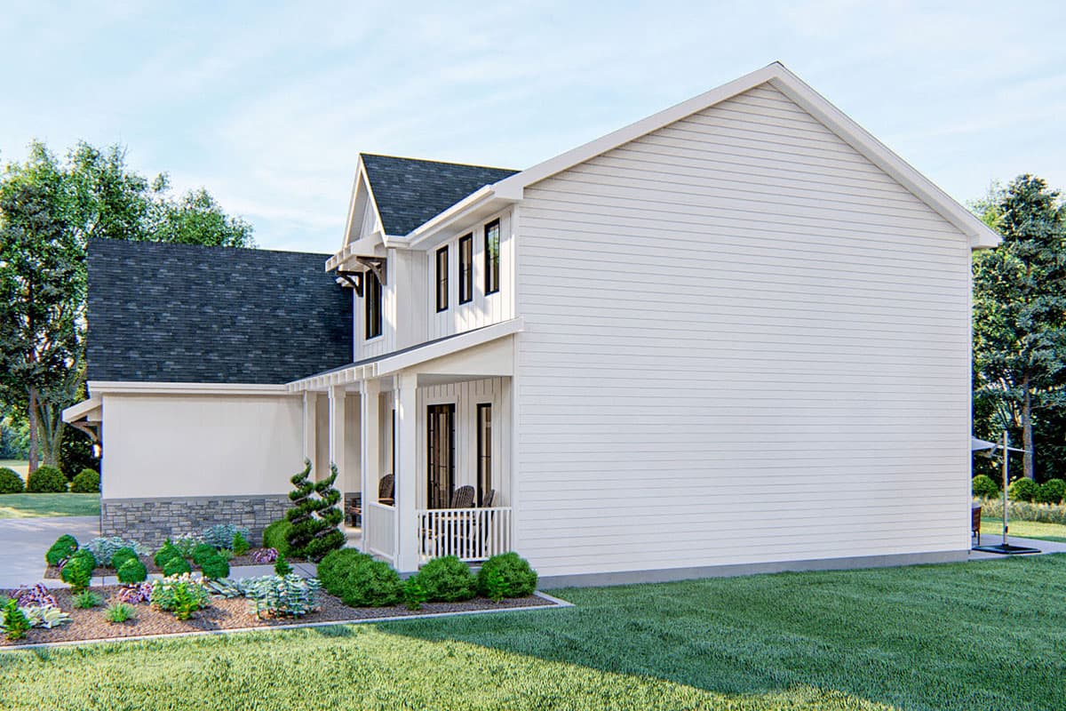 Modern farmhouse house plan exterior with covered porch, white siding, gables, and stone accents.