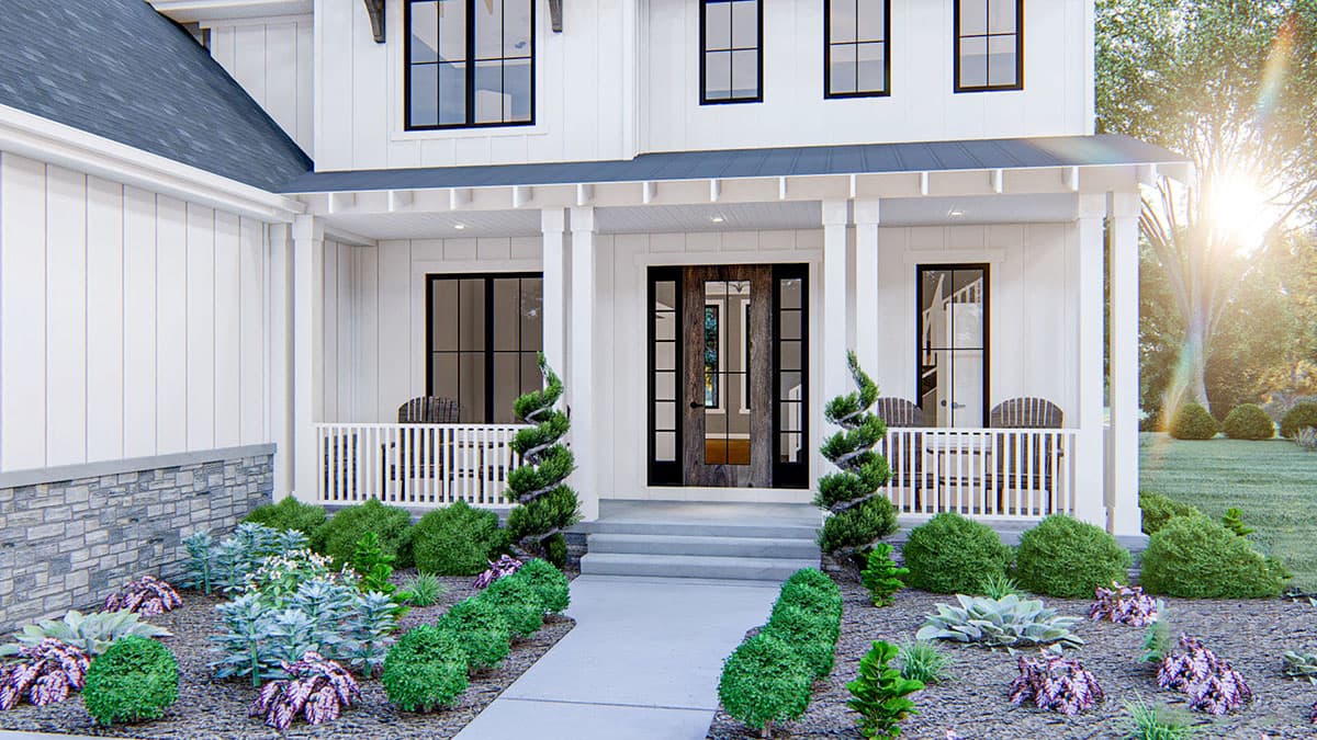 Modern Farmhouse house plan exterior with covered porch, stone foundation, and board-and-batten siding.