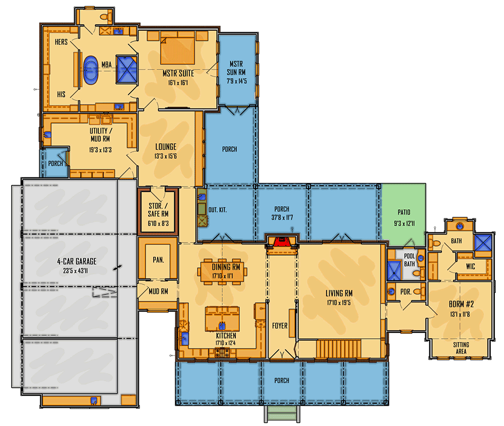 Plan 510132WDY: Exclusive Modern Farmhouse with Front and Back Covered Porches - Floor Plan - Main Level - Country, Farmhouse, Modern Farmhouse, Southern