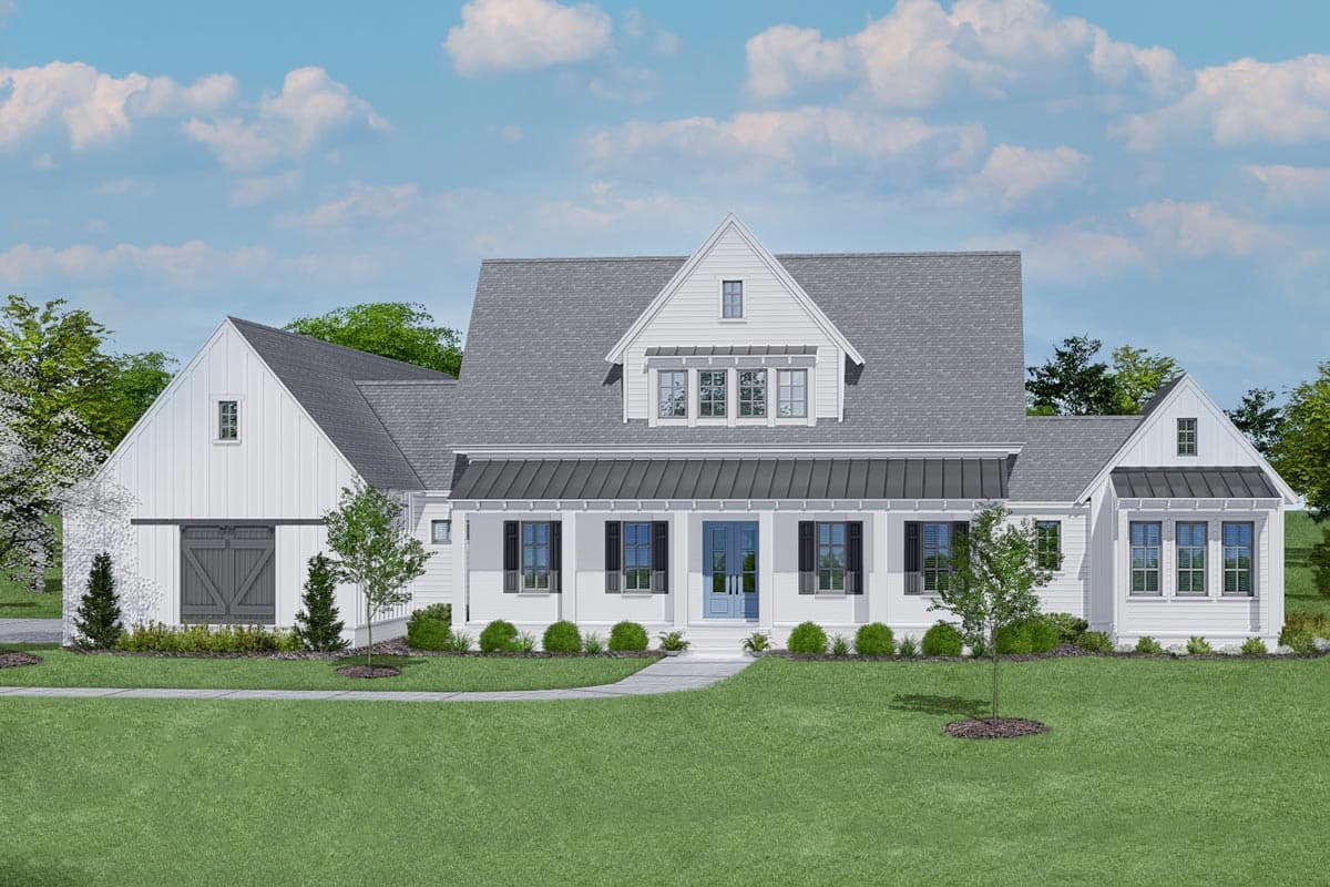 House plan exterior rendering. Features include a farmhouse style, two stories, gabled roof, dormers, and a covered porch with a metal roof.