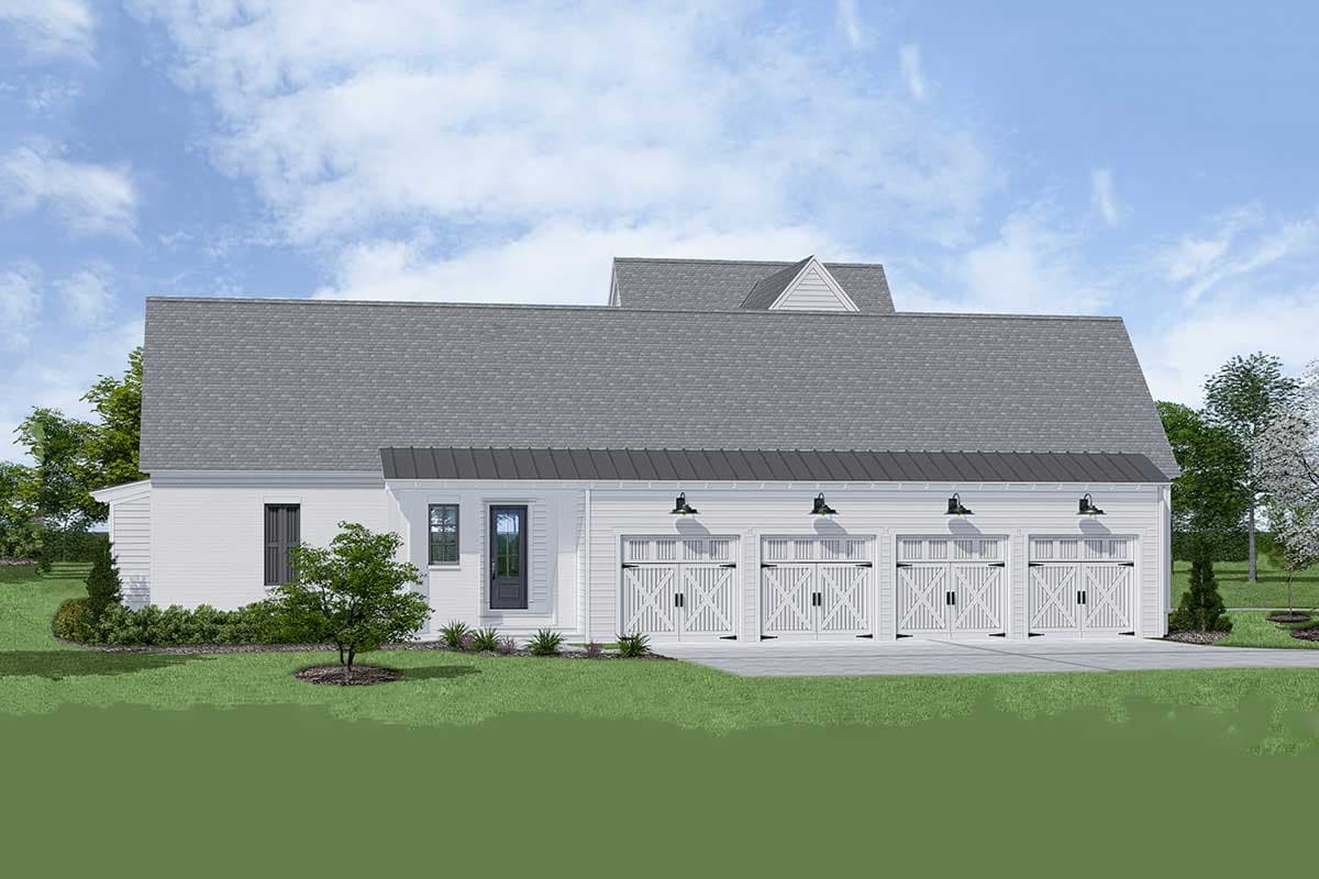 House plan exterior featuring a side view of a one-story home with a four-car garage, white siding, and dark gray metal roof.