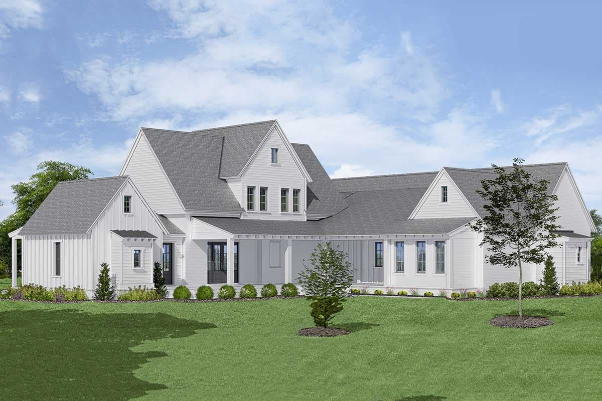 Modern Farmhouse house plan exterior with board-and-batten siding, prominent gables, and a wraparound porch.