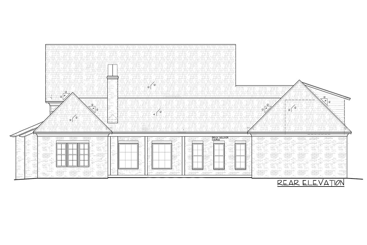 Rear elevation drawing of a brick house with multiple gables, a prominent chimney, and various window configurations.