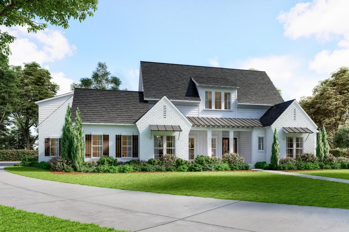 House plan exterior. Two-story Modern Farmhouse with gables, a covered porch, and a metal roof over entry. Features brick detailing.