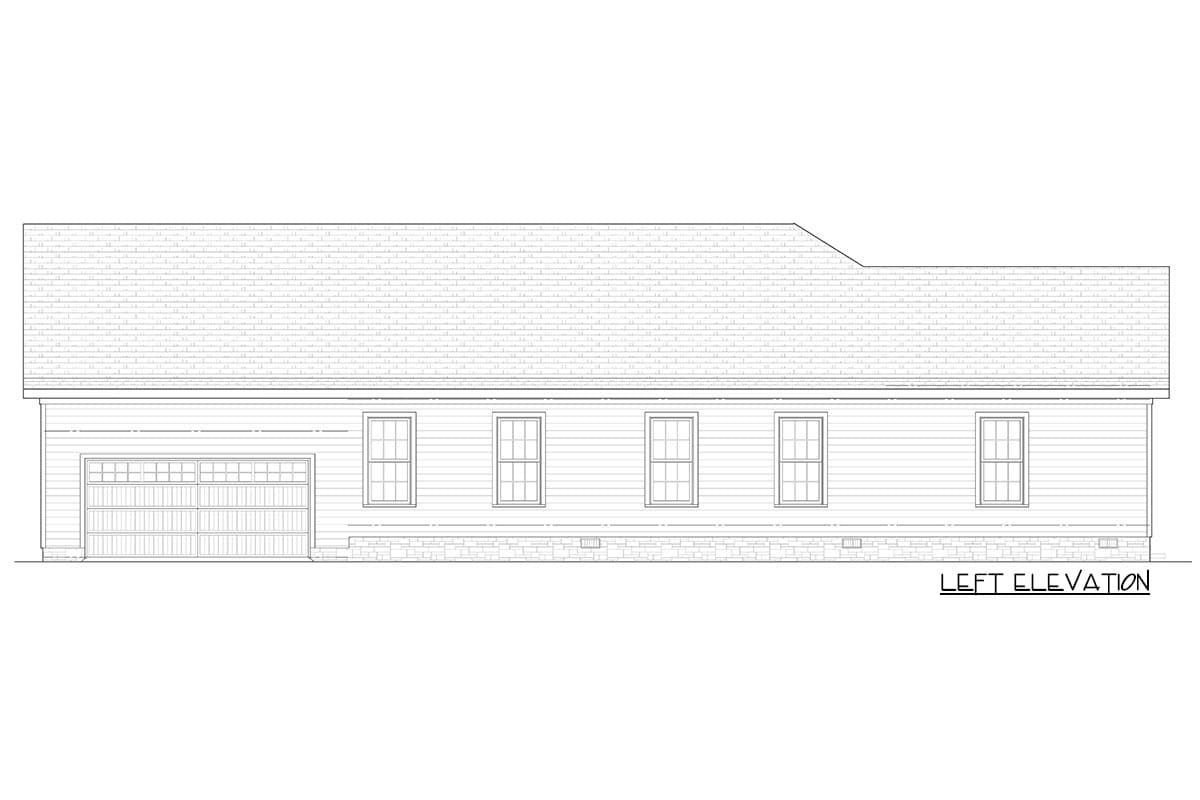 Left elevation house plan drawing showing a single-story home with a two-car garage, clapboard siding, and six windows.