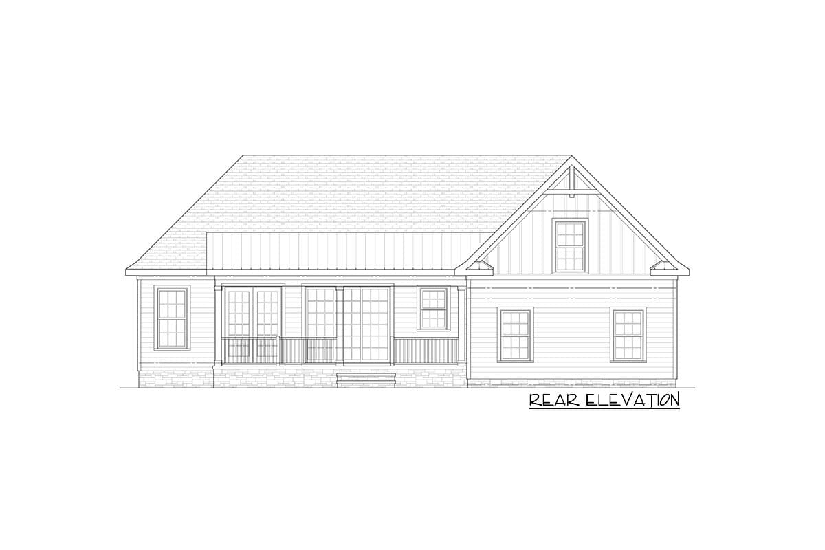 Rear elevation house plan. One story with a prominent gable, covered porch with double doors, and multiple windows.