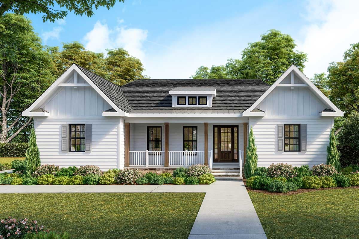 House plan exterior in a farmhouse style. One-story home with gabled roof, dormers, and a covered porch with pillars and railing.