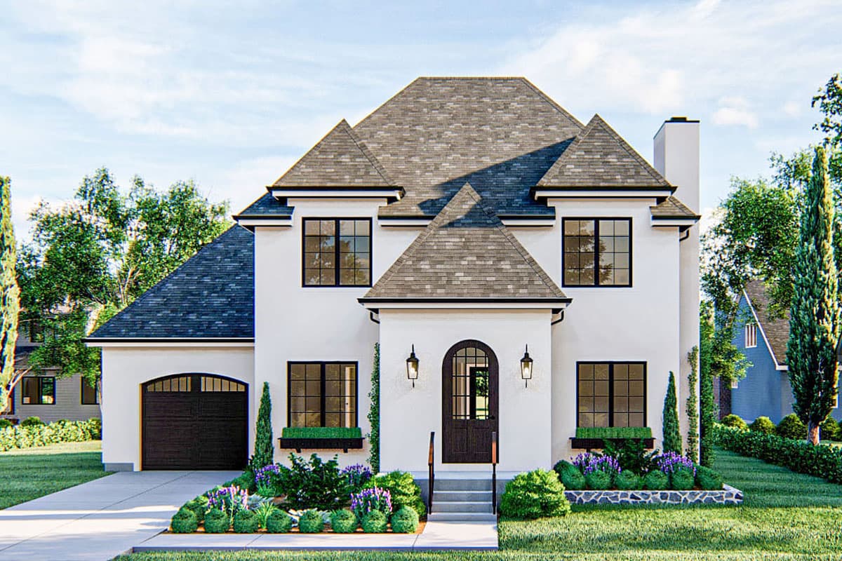 House plan exterior. Two-story stucco home with a hipped roof, dormers, and a gabled entrance. Features include an attached garage and a front porch.