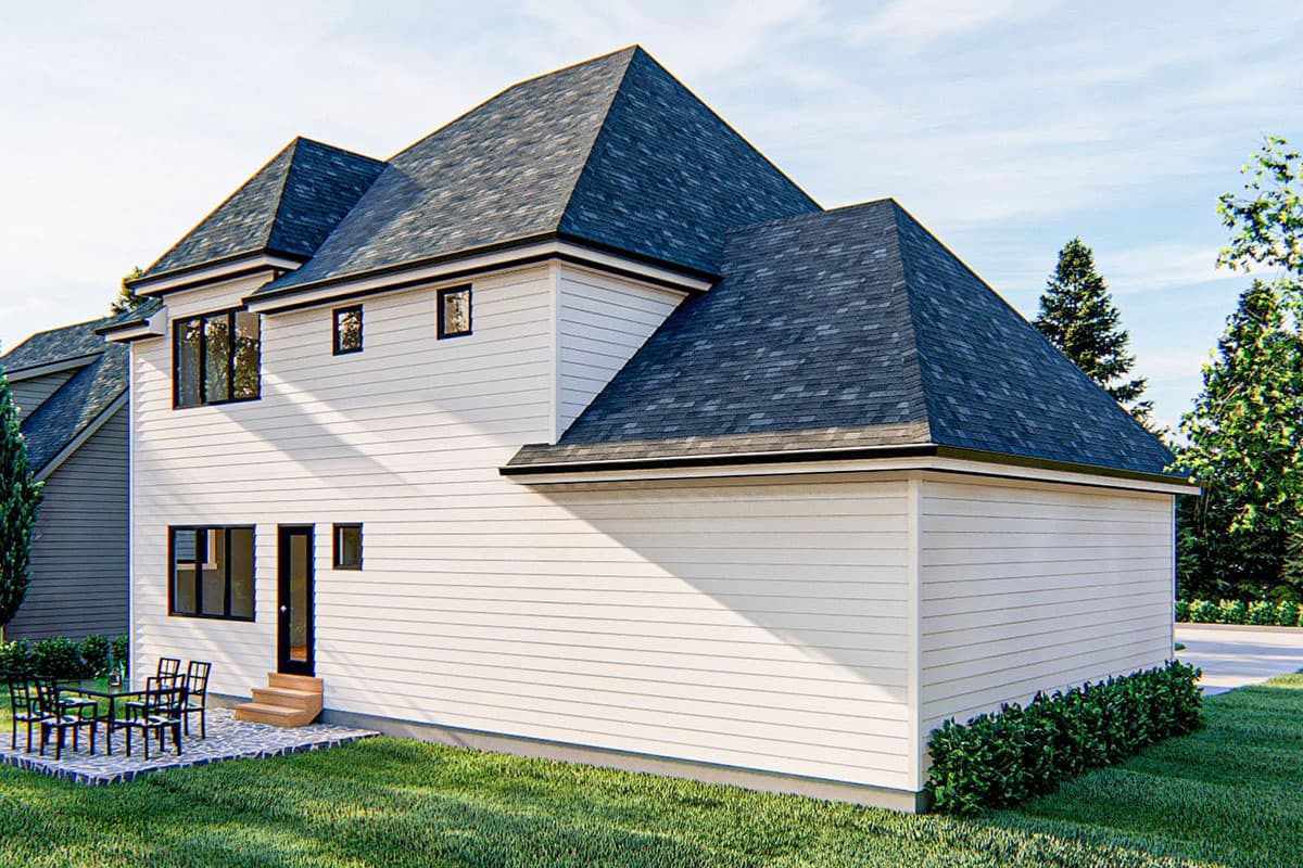 House plan exterior rendering showing a two-story modern home with white horizontal siding and dark gabled rooflines.