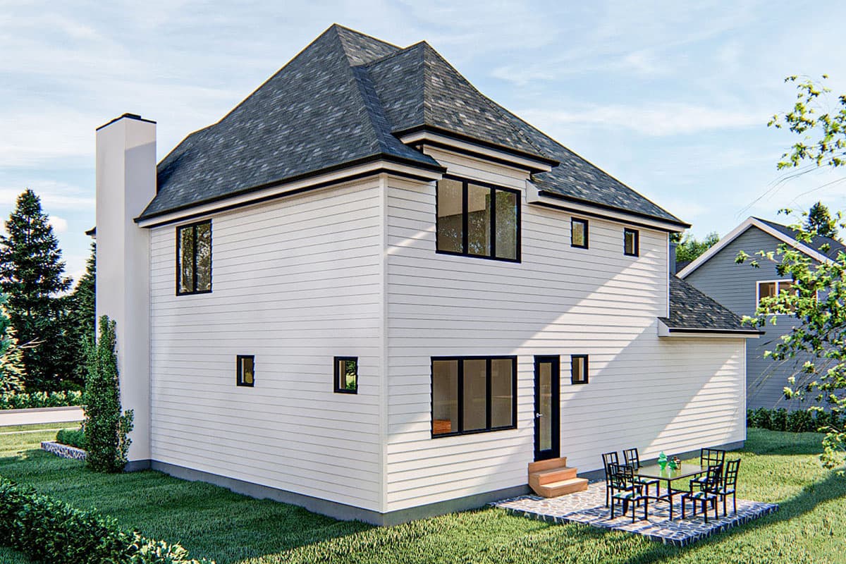 House plan exterior, two stories, white siding, prominent chimney, asymmetrical gables, and dark-trimmed windows.