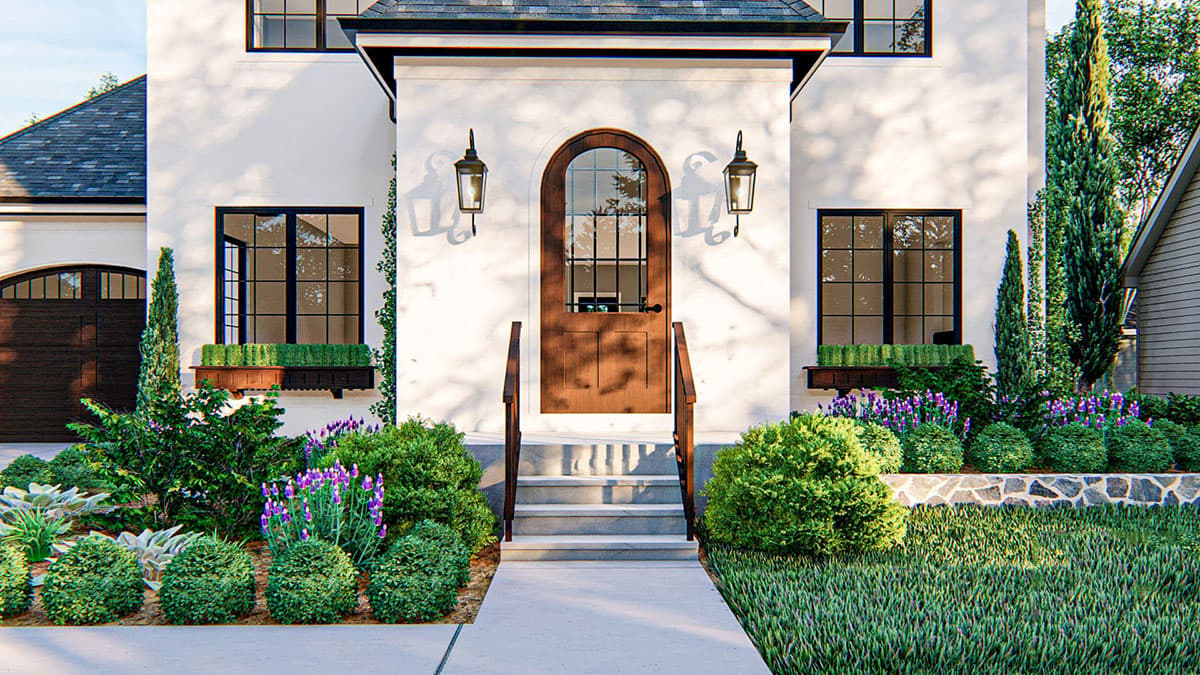 House plan exterior rendering: stucco facade, arched entry door, multi-pane windows, and attached garage.