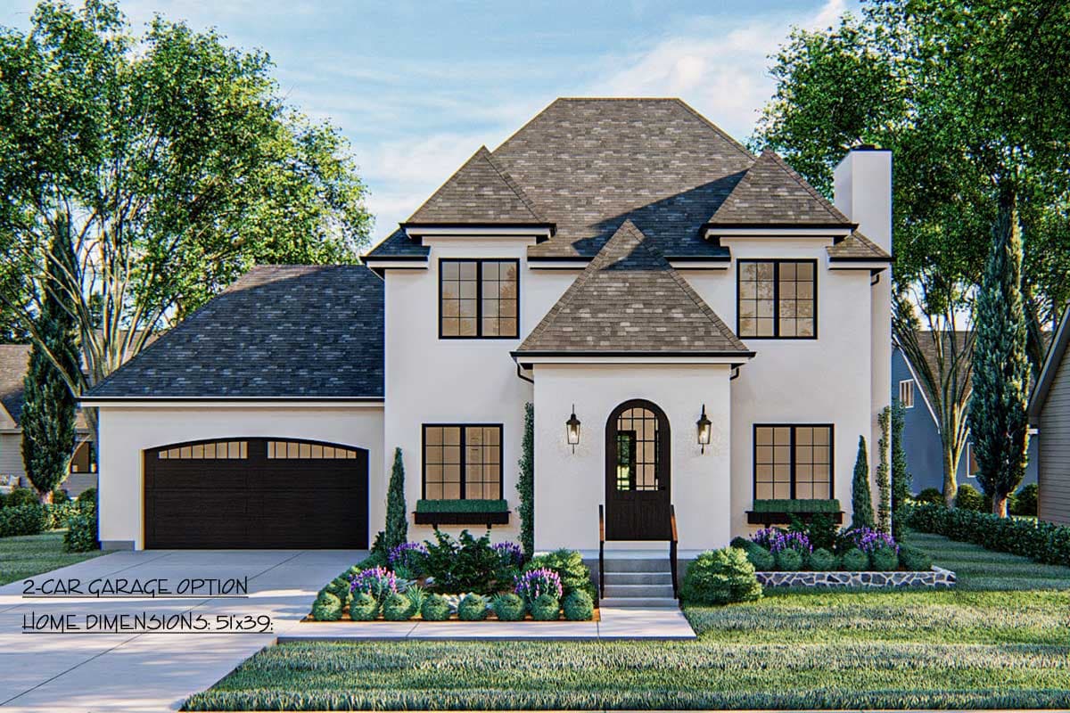 House plan exterior: Two-story stucco home with attached two-car garage, arched entry, hip rooflines, and prominent gables.