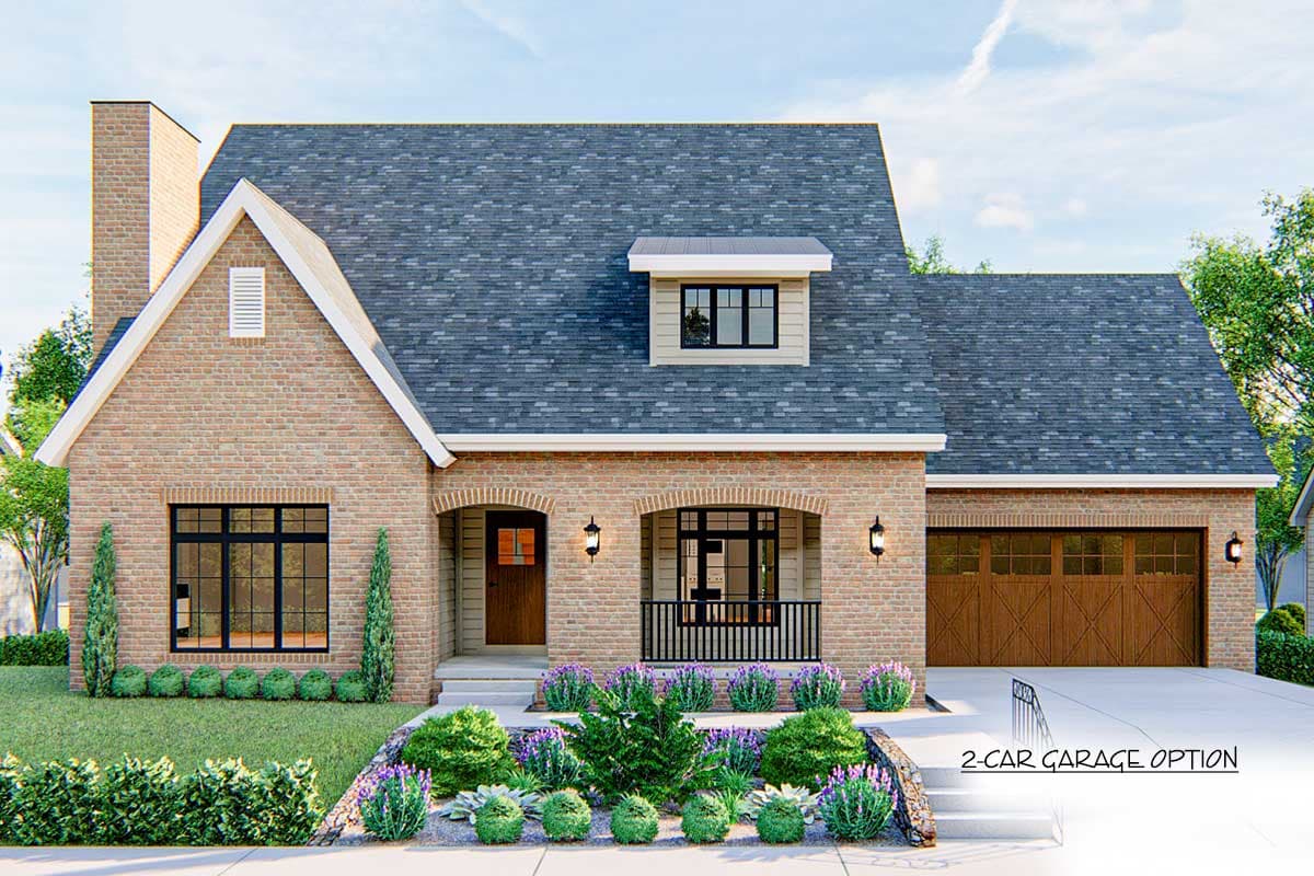 House plan exterior: Brick 1.5 story with a prominent gable, covered front porch with black railing, and a 2-car garage.