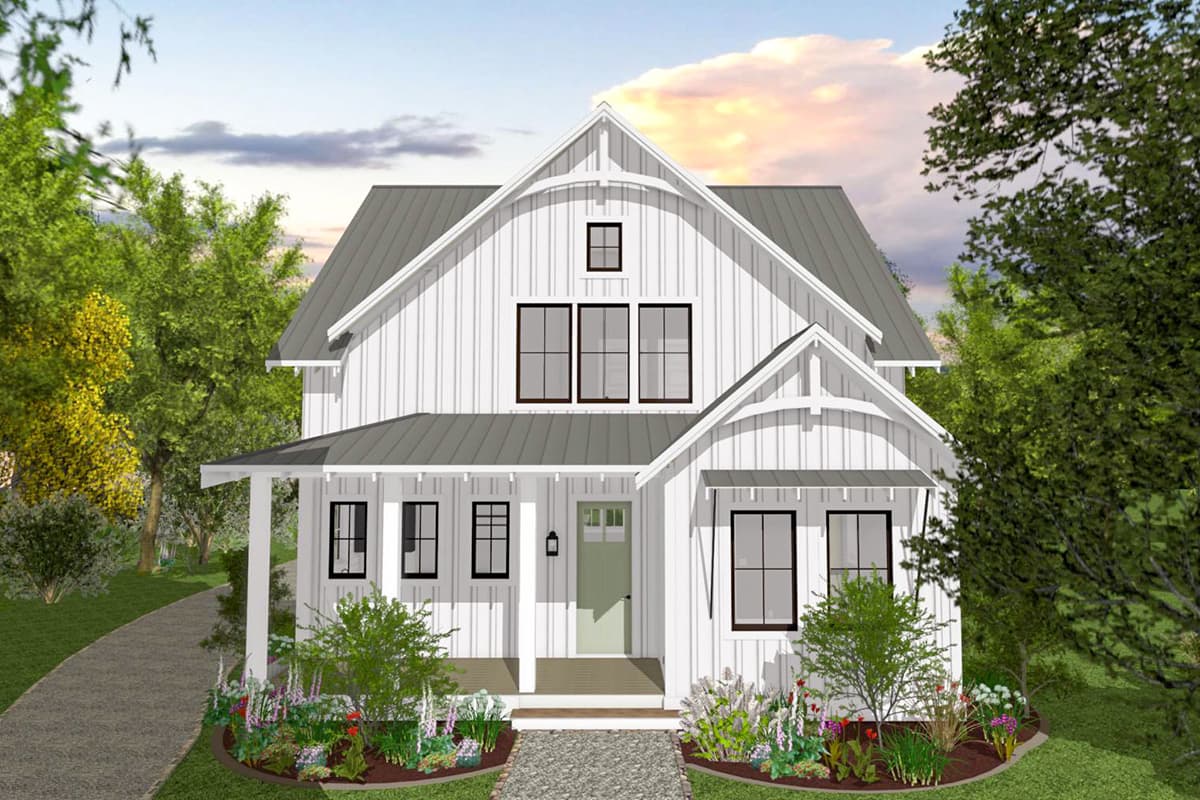 House plan exterior. Two-story Modern Farmhouse with gabled roof, front porch, and dormer window. Features vertical siding and black window frames.