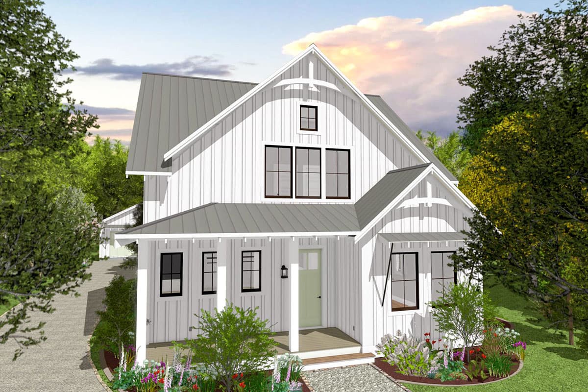 Modern Farmhouse house plan exterior with board-and-batten siding, metal roof, gables, and a covered front porch.