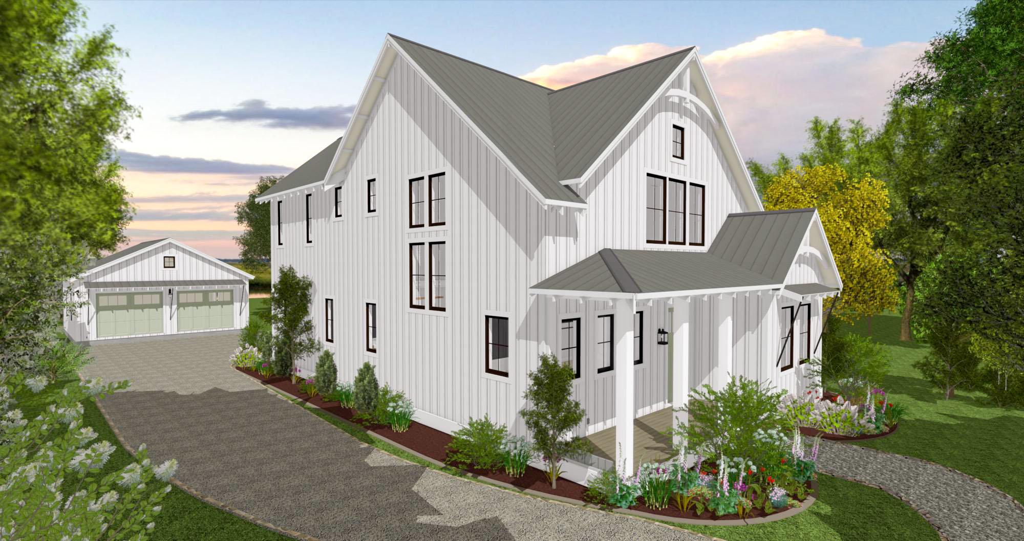 Modern Farmhouse house plan exterior with vertical siding, gable roof, porch, and detached two-car garage.