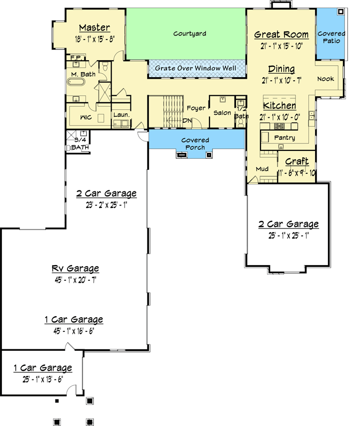 Plan 910070WHD: Deluxe Contemporary House Plan with 6 Garage Bays plus RV Storage - Floor Plan - Main Level - Contemporary, Mid Century Modern, Modern, Mountain, Northwest