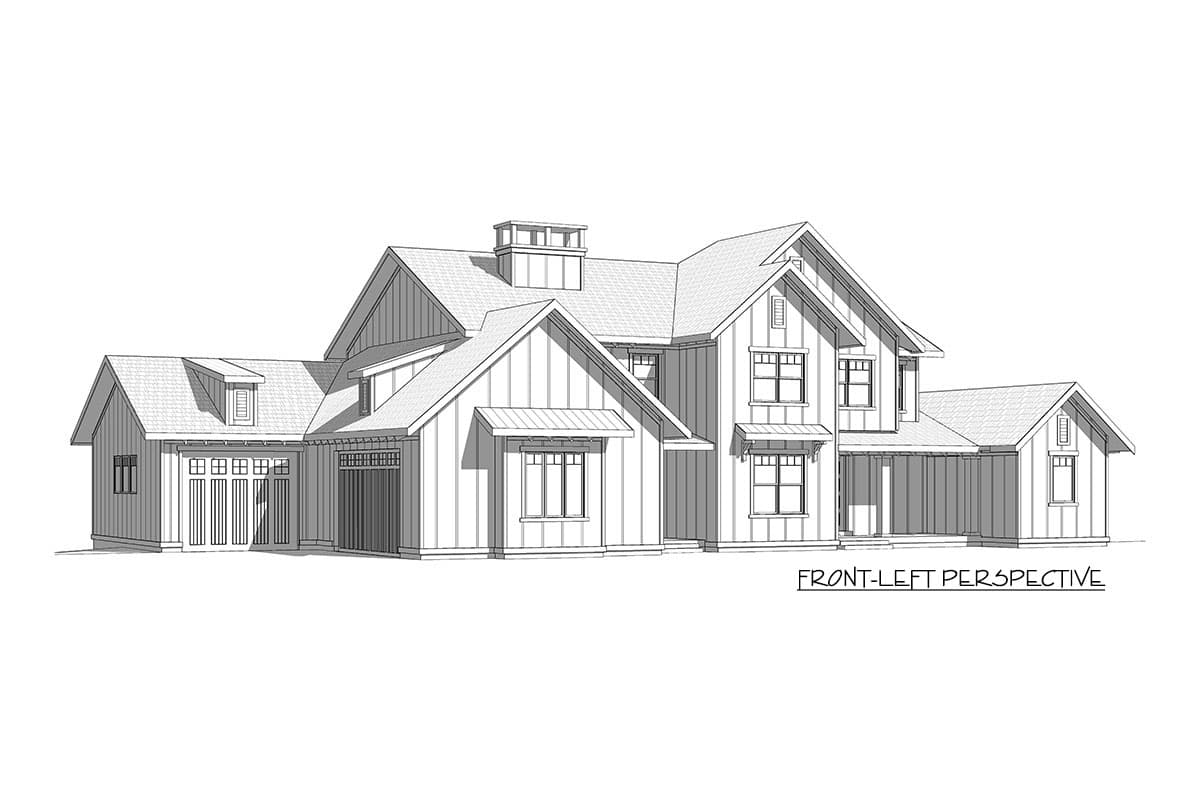 Modern Farmhouse house plan exterior with a two-car garage, dormer, and prominent gables.