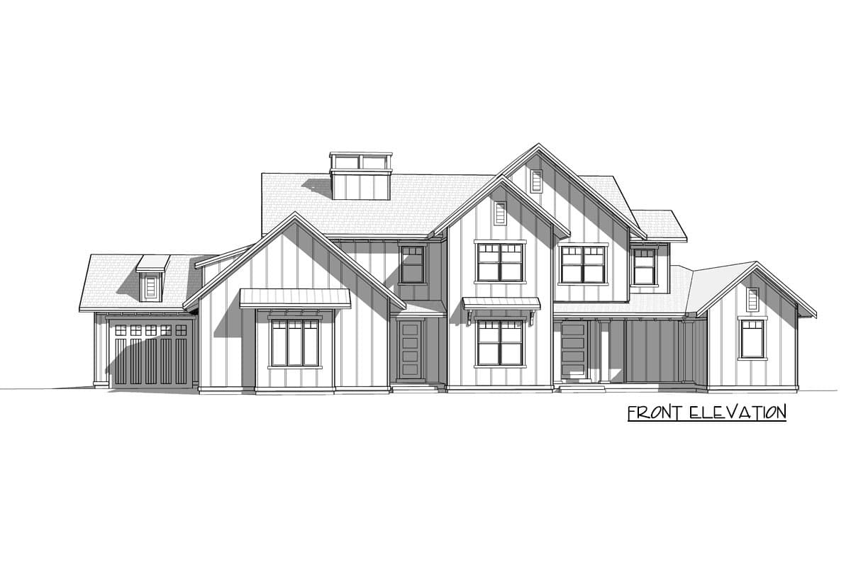 Front elevation drawing of a Modern Farmhouse style house plan with multiple gables, dormers, and attached garage.