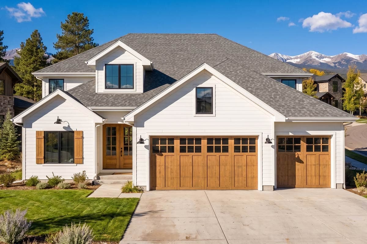 House plan exterior: Modern Farmhouse style, two stories, white siding, gabled dormers, and wood garage doors.