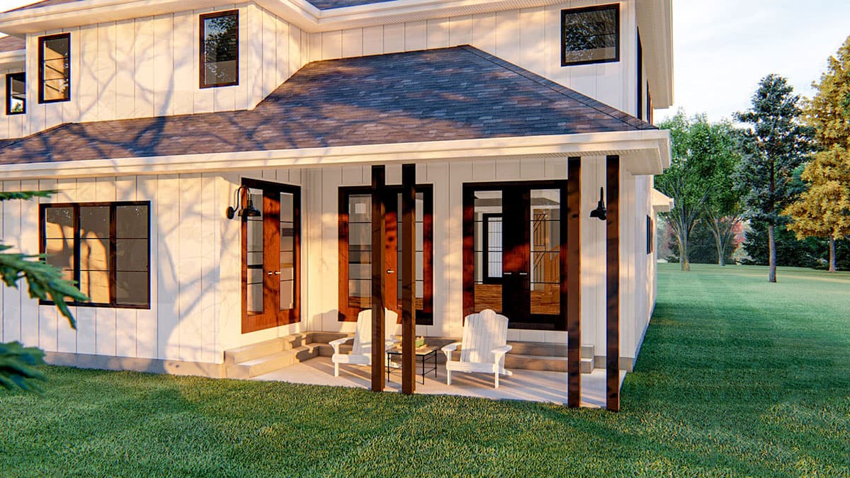 Modern Farmhouse house plan exterior with white board and batten siding, gabled roof, and a covered porch with wooden posts.