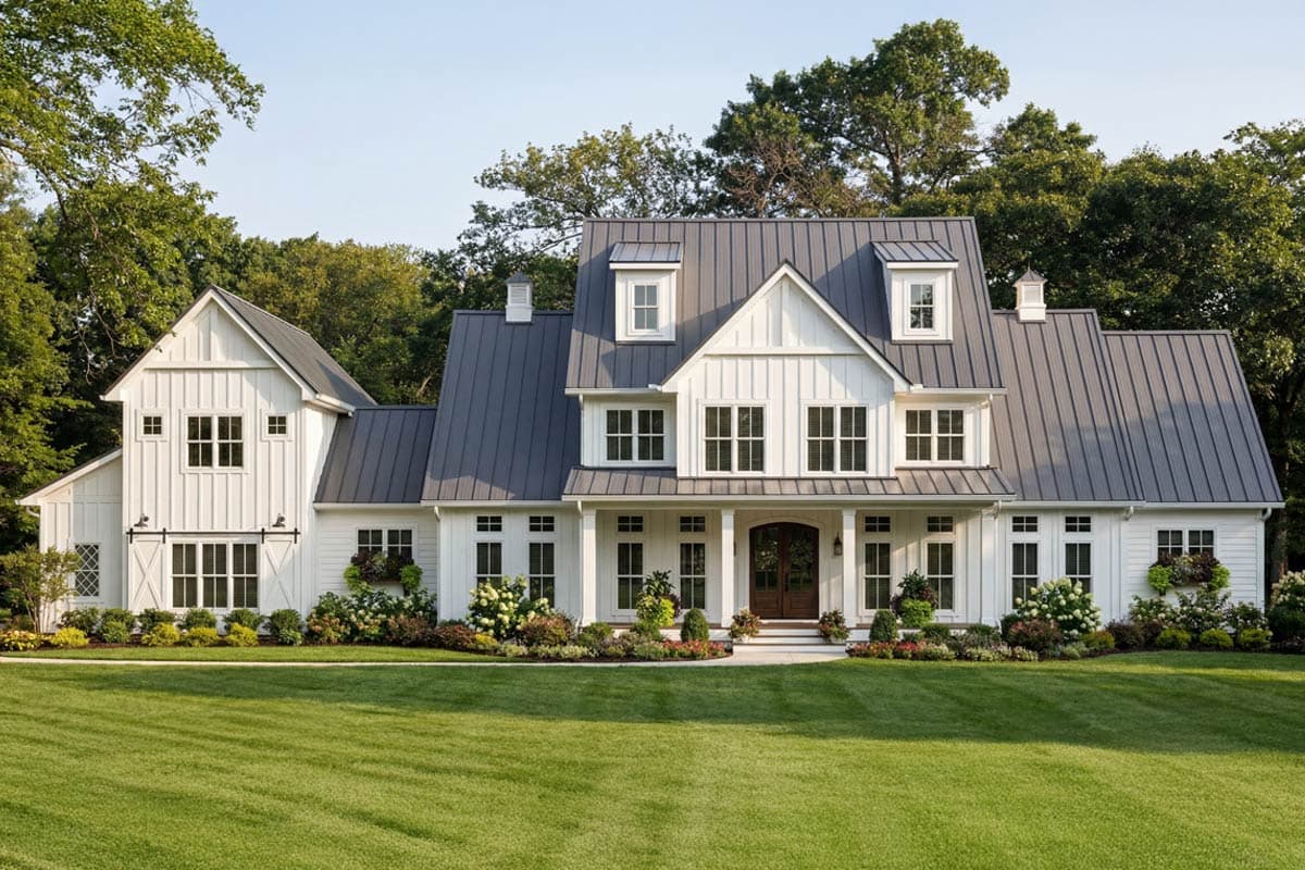 House plan exterior. Two-story Modern Farmhouse with a metal roof, dormers, a front porch, and symmetrical gables.