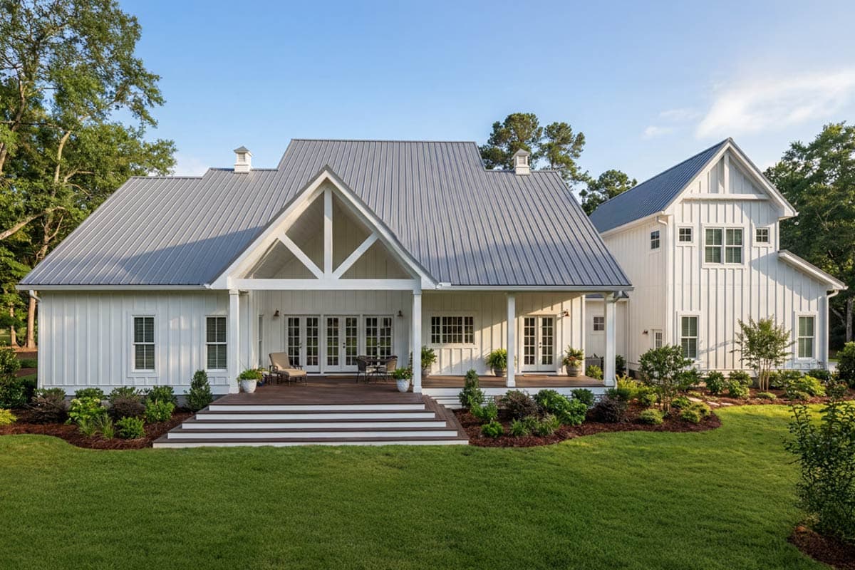 Modern Farmhouse house plan exterior with a metal gable roof, board and batten siding, and a large covered porch with exposed rafters.