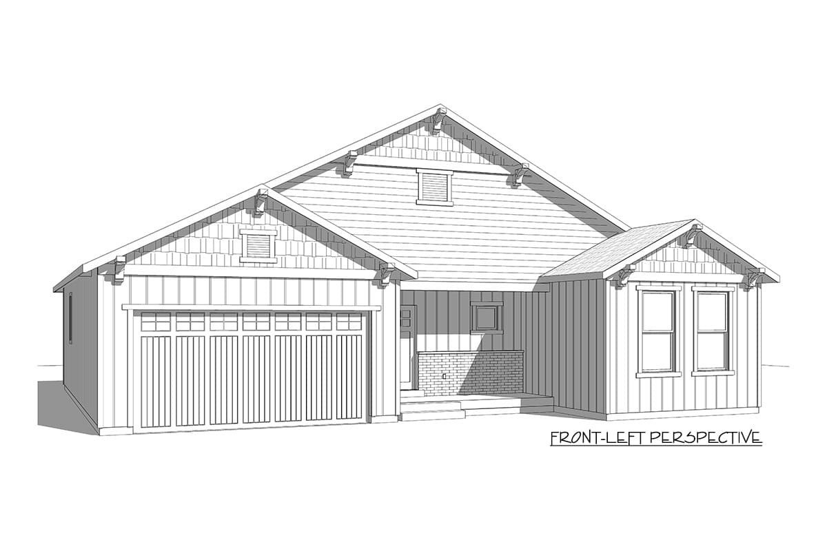 Craftsman style house plan exterior with attached garage, covered porch, gables, and dormer windows.