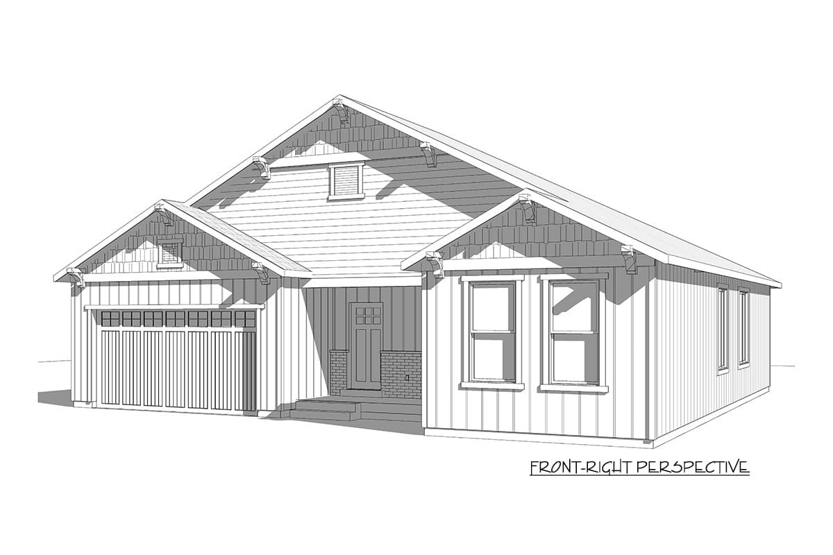 Craftsman style house plan exterior with a side-entry garage, covered front porch, and prominent gables.