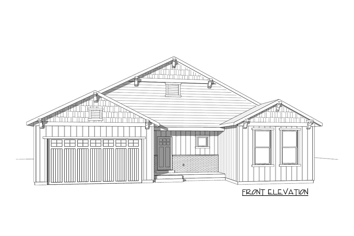 Craftsman style house plan front elevation with a one-car garage, covered entry, and varied siding.