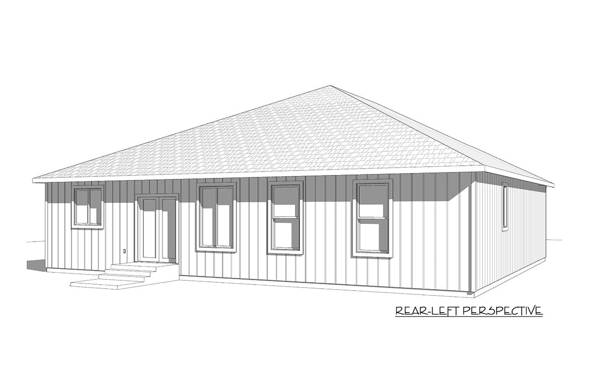 House plan exterior, one-story, simple gable roof, vertical siding, double door entry with steps.