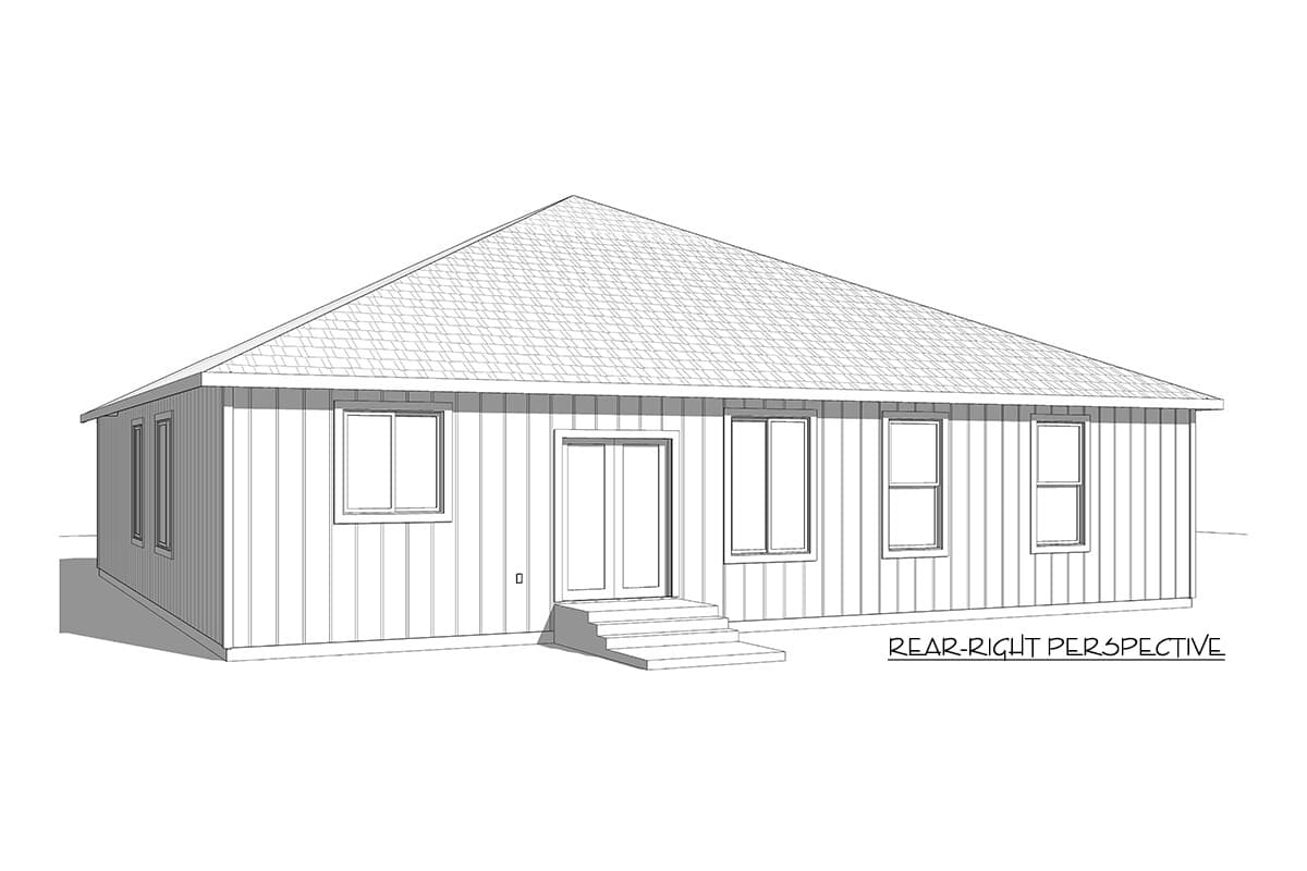 House plan exterior, single-story, featuring vertical siding, double doors with steps, and multiple windows.