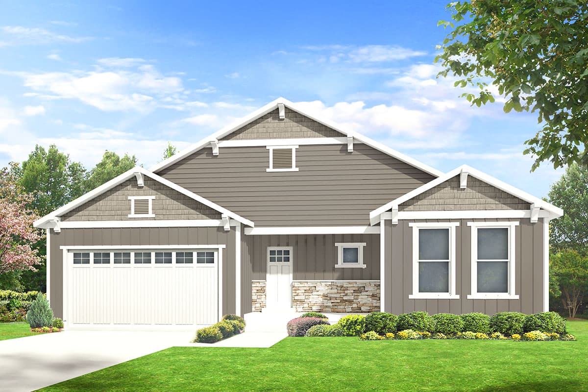 House plan exterior. Craftsman style, one-story home with gables, a front-entry garage, and a covered porch with stone detailing.
