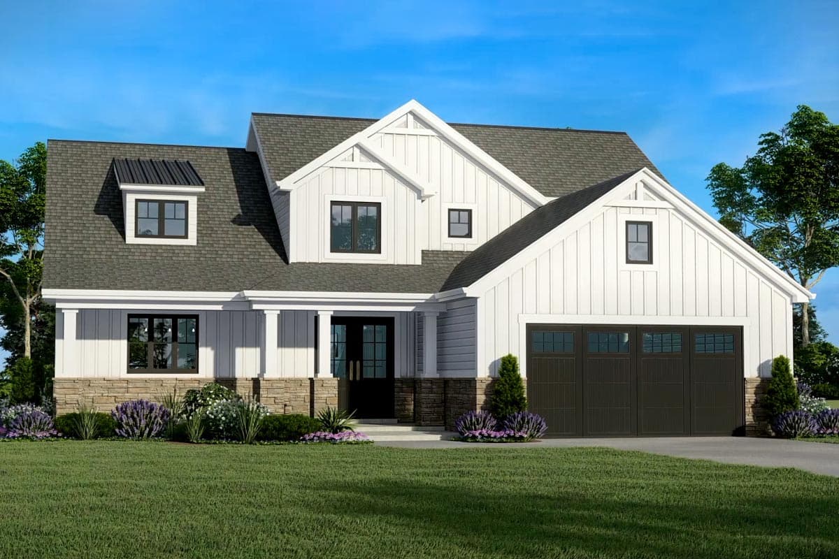 House plan exterior. Modern Farmhouse style with two stories, gabled roof, dormers, and an attached garage.