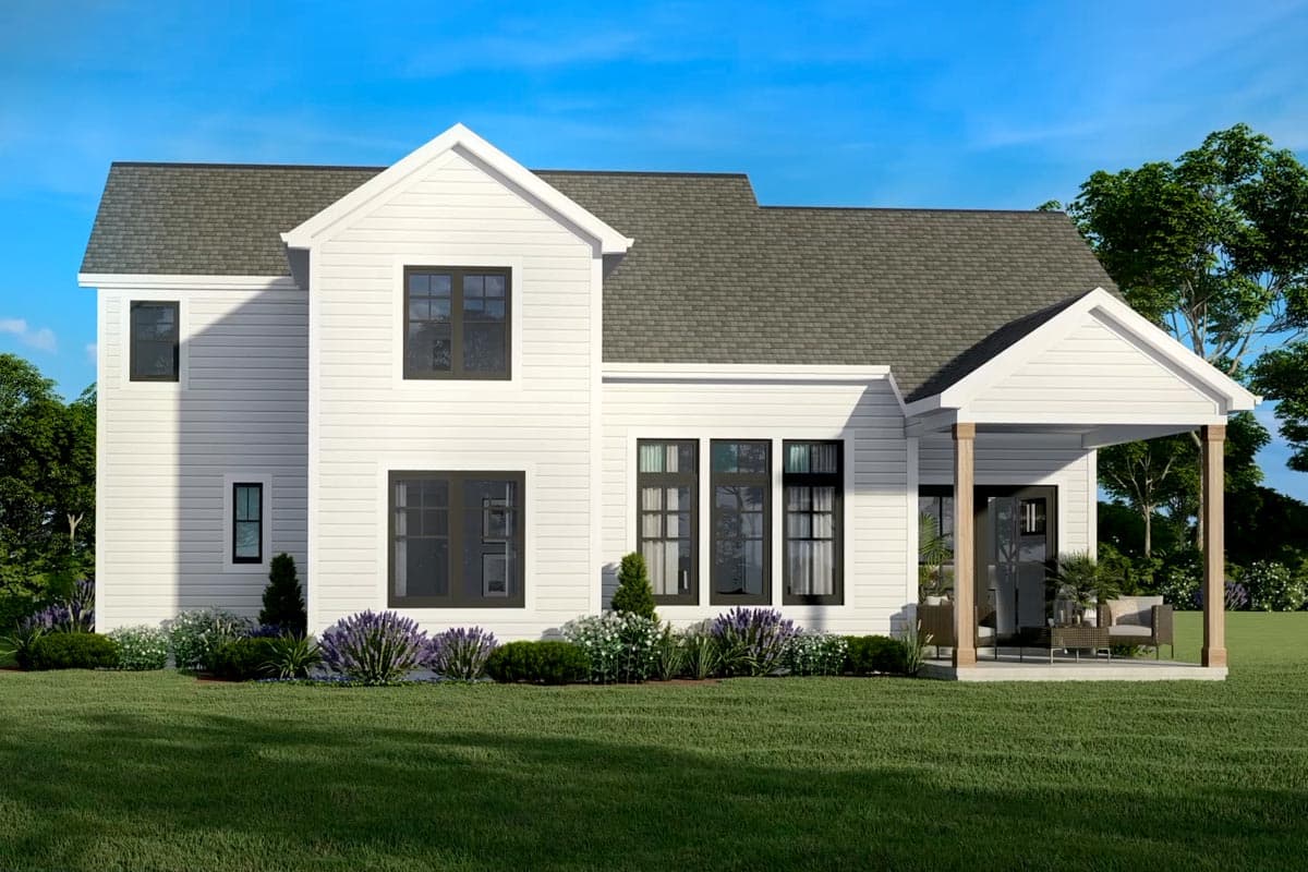 House plan exterior: Two-story Modern Farmhouse with gabled rooflines, board-and-batten siding, and a covered porch with wood columns.