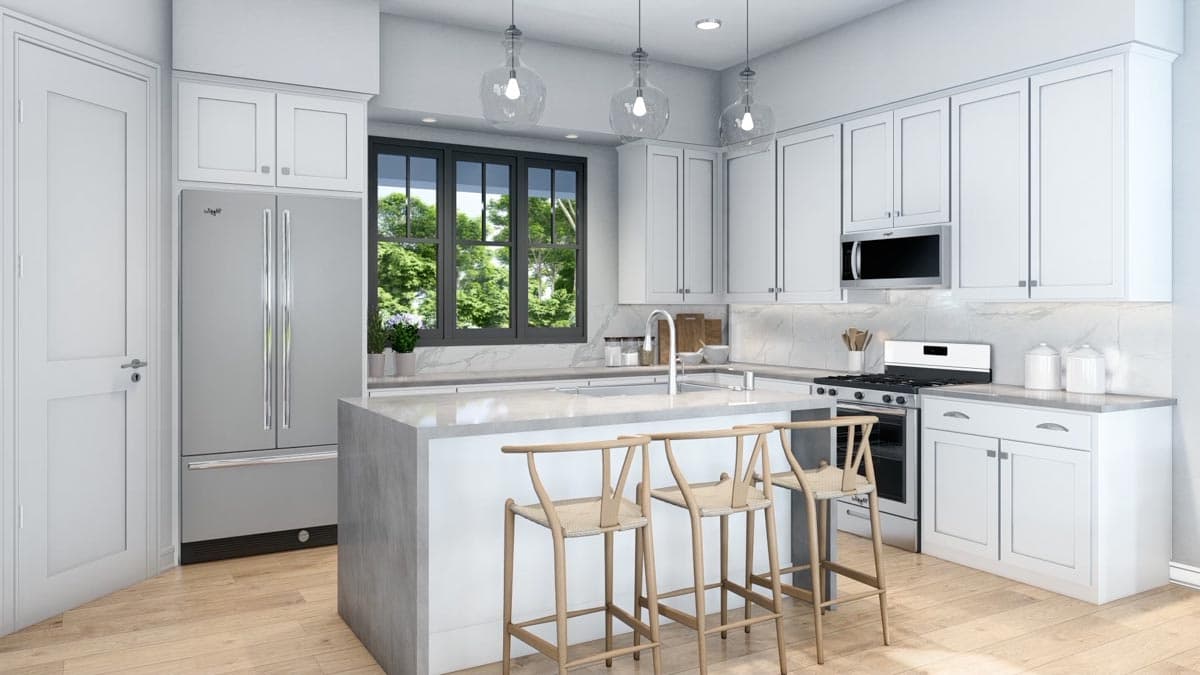 Interior rendering of a modern kitchen with a central island, white cabinets, stainless steel appliances, and a large window.