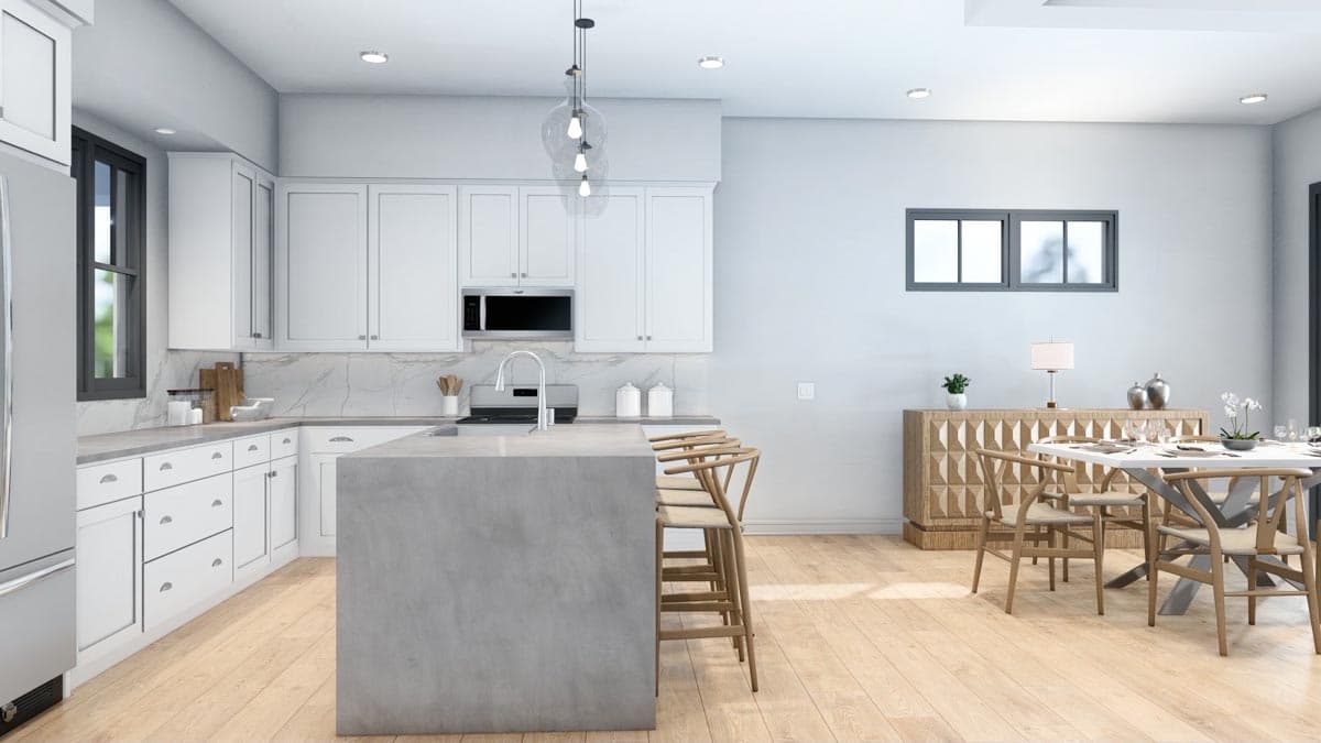 Interior rendering of a modern kitchen with white cabinets, large island with bar stools, and adjacent dining area.