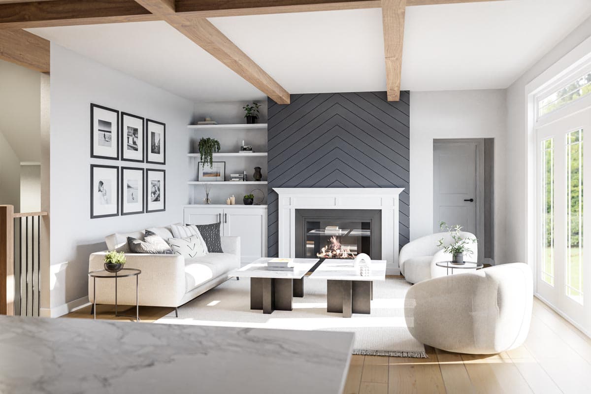 Living room with fireplace, built-in shelves, and exposed wood beams.
