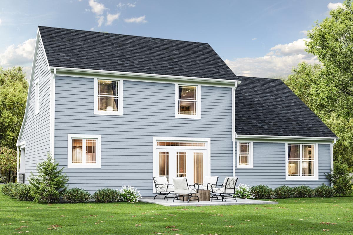 House plan exterior featuring blue siding, a gambrel roof, multiple windows, and double doors opening to a patio.