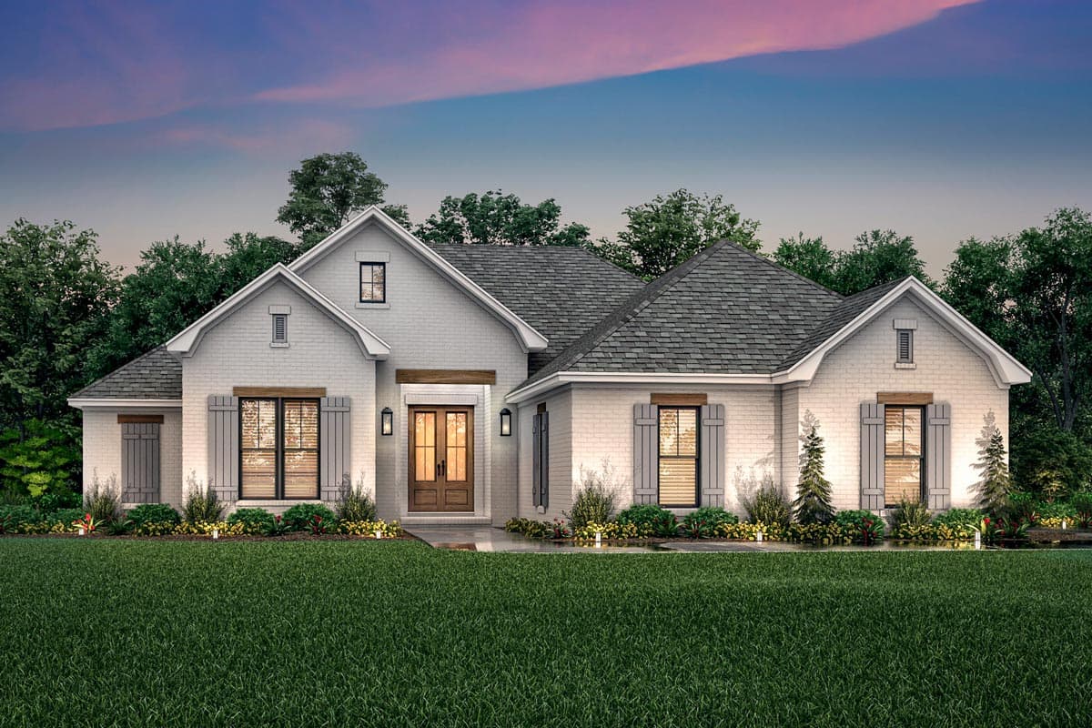 House plan exterior: Modern Farmhouse style, one-story with white brick, multiple gables, double front doors, and grey shutters.