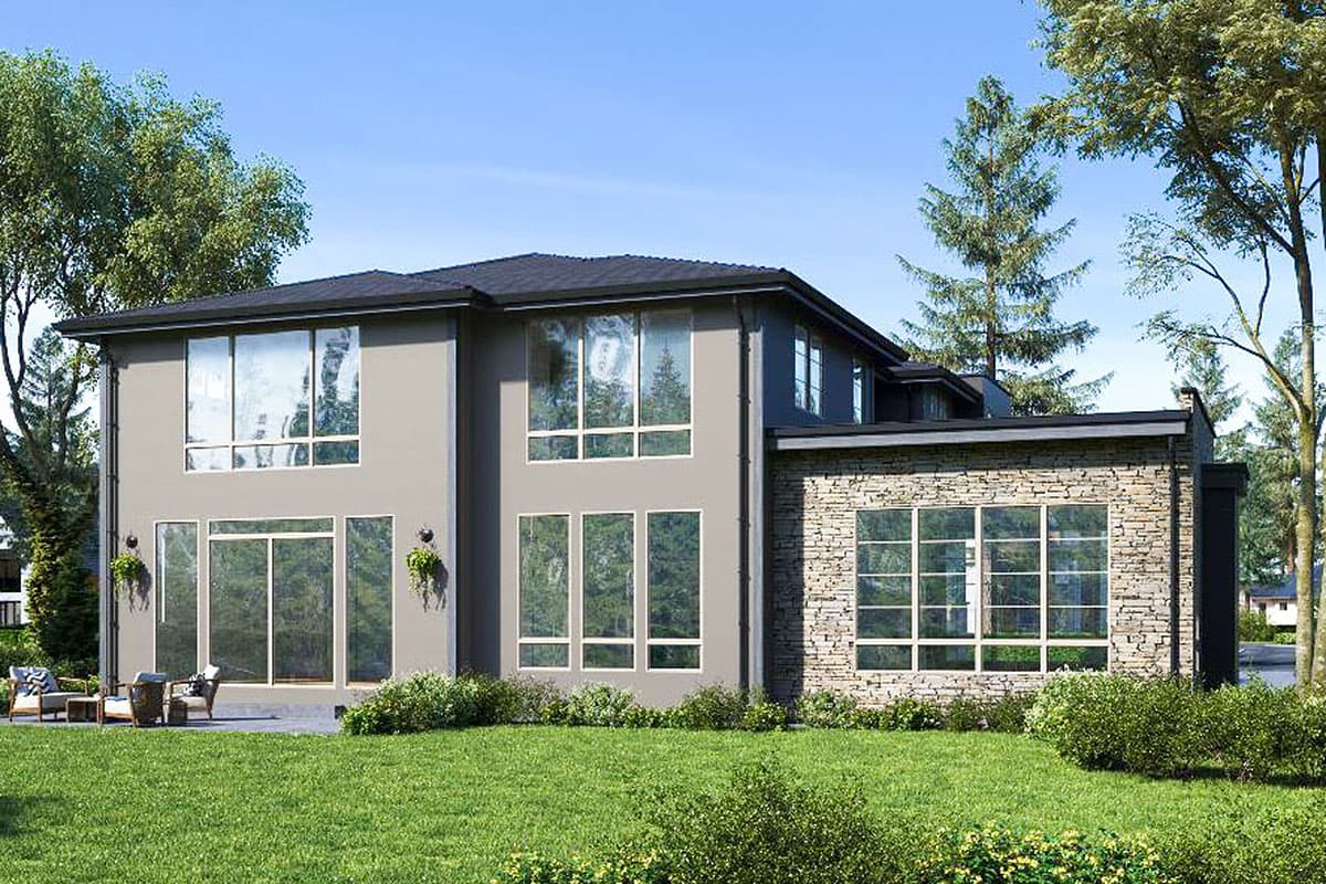 House plan exterior: Two-story modern home with stucco and stone facade, large windows, and dark roof.