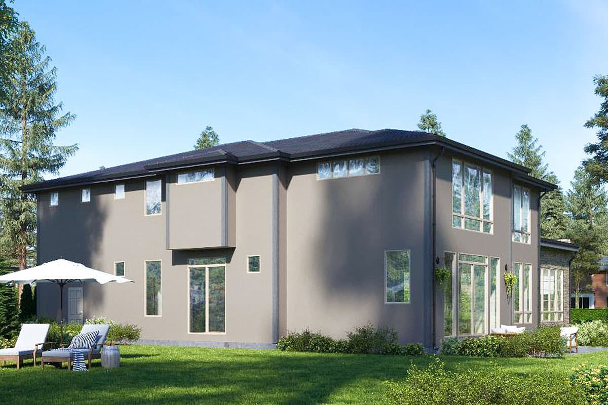 Modern house plan exterior, two stories, with numerous large windows, a recessed second-story section, and a dark flat roof.