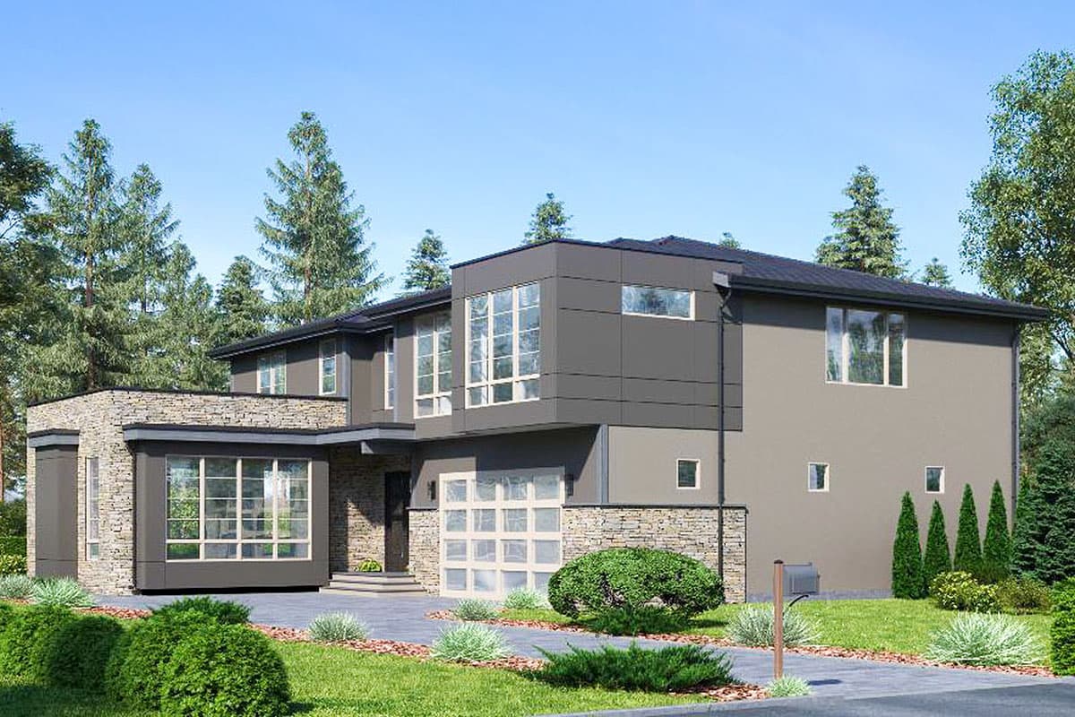 Modern two-story house plan exterior with stone accents, large windows, and a two-car garage.