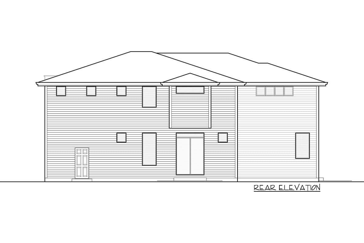 Rear elevation drawing of a two-story house plan with a hip roof, double door, and multiple windows.