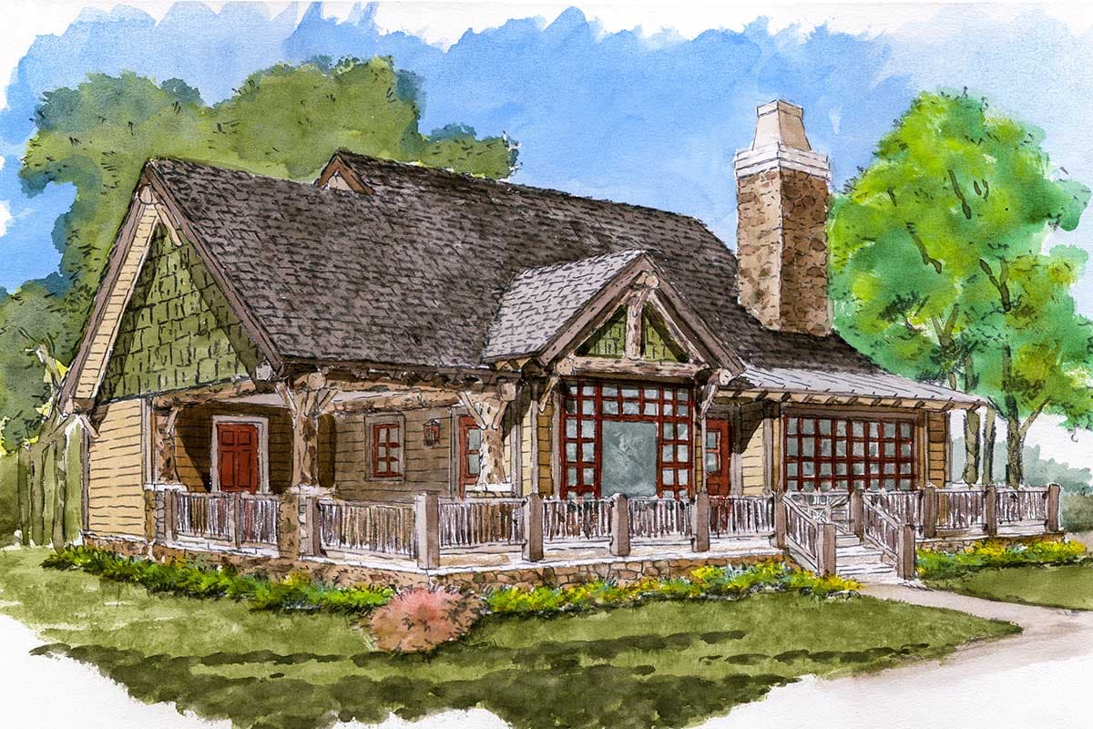House plan exterior shows a one-story log cabin with a wrap-around porch, large stone chimney, and prominent A-frame gable.