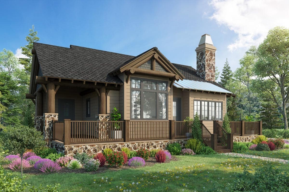 House plan exterior. Craftsman style, one-story home with a gabled roof and stone chimney. Features include a covered porch and exposed rafter tails.